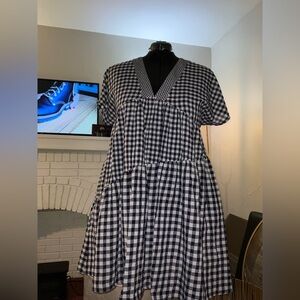 Anthropologie 11.1 Tylho Navy Gingham Tiered Swing Dress V-Neck XL NWT
